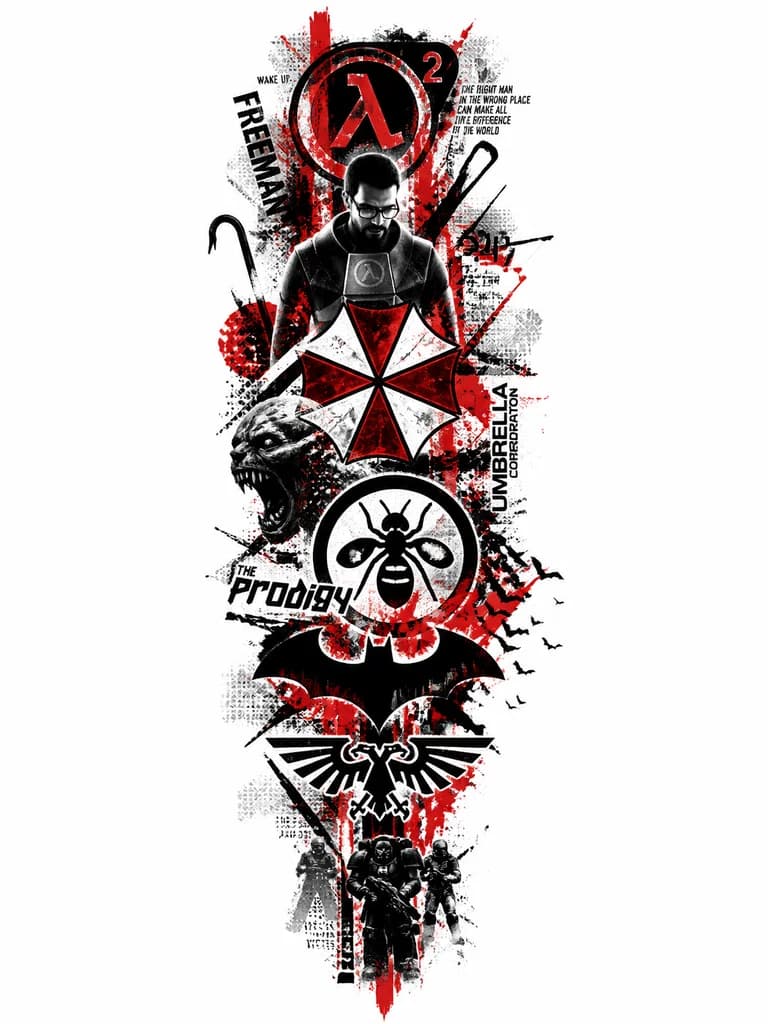 Тату эскиз: Символы - логотип Half-life 2 без двойки, символ Umbrella, символ the Prodigy, символ Бэтмена, имперская аквила. Все символы взаимно пересекаются и переплетаются.