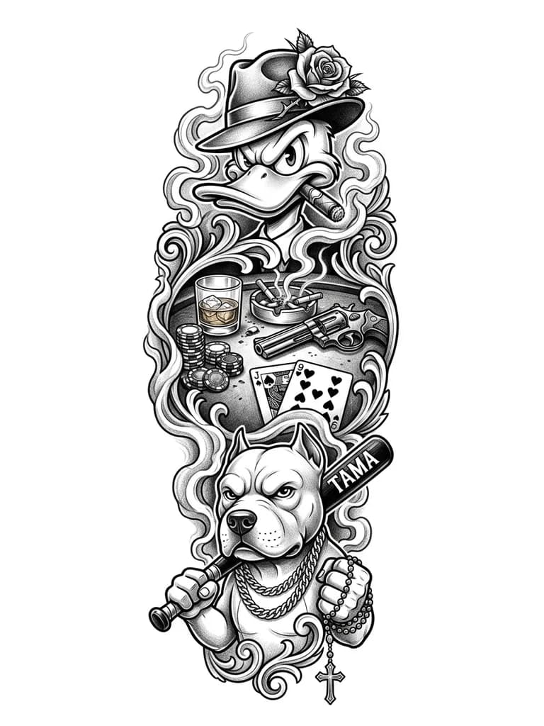 Тату эскиз: Chicano black and grey tattoo on left calf. Bottom: Disney's Goofy as a gangster, holding a black baseball bat vertically, "TAMADA" in white on handle. Two silver chains on neck, rosary wrapped around right fist. Middle: poker table with chips, whiskey glass, ashtray with cigarette butts and smoke, playing cards Jack and Nine, a revolver. Top: Disney's Scrooge McDuck as a mob boss, wearing fedora hat with a thorny rose, cigar in beak. Thick smoke connects everything. Bold outlines.