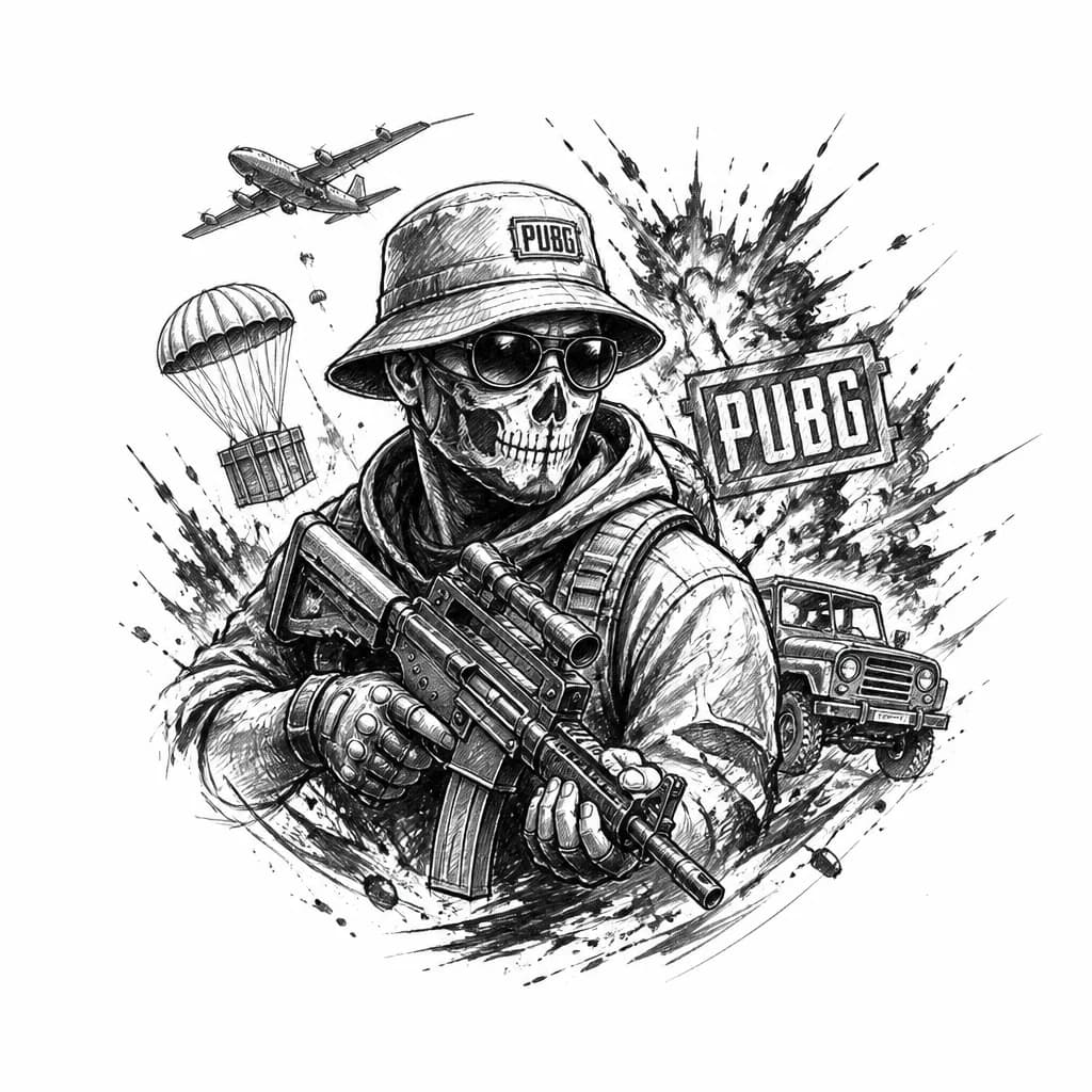 Татуировка из игры Pubg,взрывы,оружие Гроза,брызги красок,персонаж в скелетной маске и в панаме
