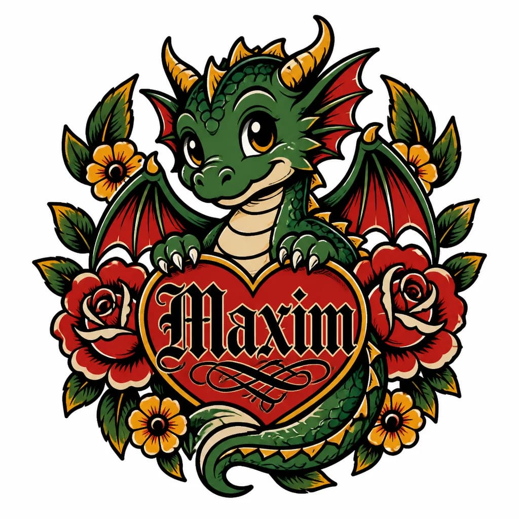Тату эскиз: Милый добрый дракончик с именем Maxim и с сердечком. Вокруг дракончика цветы, а в дракончике имя Maxim. Имя Maxim буквы должны быть в готическом стиле с красивыми пересекающимися линиями. Располежение татуировки будет на плече девушке.