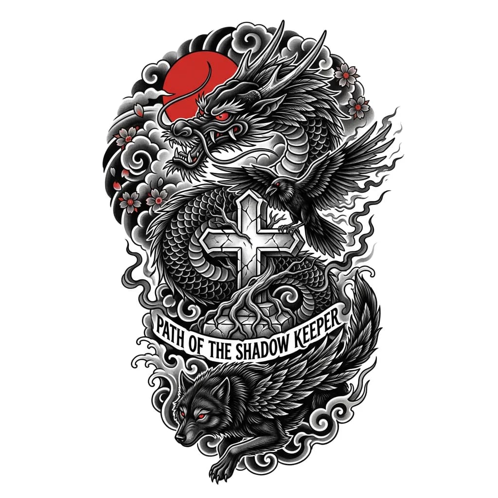 «Путь Теневого Хранителя»
Полурукав, Irezumi + dark realism. Верх — голова чёрного дракона: красный глаз, рога, усы, чешуя переходит в перья. Фон — красное солнце, туман, облака, сакура. По центру — разрушенный храмовый крест в трещинах, обвит драконом, корни сакуры в камне. На кресте ворон с раскрытыми крыльями, растворяется в дыме. Внизу — чёрный волк-дух: шерсть переходит в перья, красные глаза. Всё связано дымом. Чёрно-серый + красные акценты.