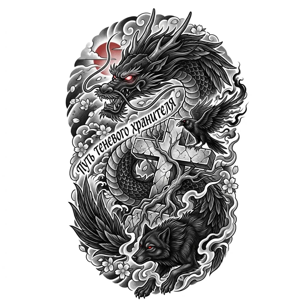 «Путь Теневого Хранителя»
Полурукав, Irezumi + dark realism. Верх — голова чёрного дракона: красный глаз, рога, усы, чешуя переходит в перья. Фон — красное солнце, туман, облака, сакура. По центру — разрушенный храмовый крест в трещинах, обвит драконом, корни сакуры в камне. На кресте ворон с раскрытыми крыльями, растворяется в дыме. Внизу — чёрный волк-дух: шерсть переходит в перья, красные глаза. Всё связано дымом. Чёрно-серый + красные акценты.
