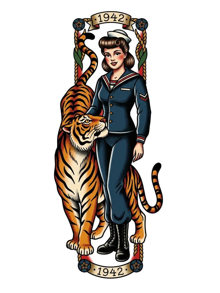 Pin-up девушки в полный рост с животным (кошка или тигр)