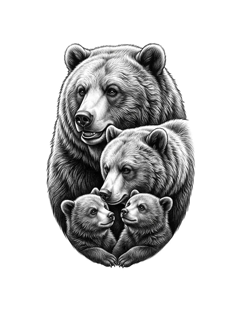 Семья медведей, медведь расположен в верху, ниже медведица, ниже медведицы два медвежонка