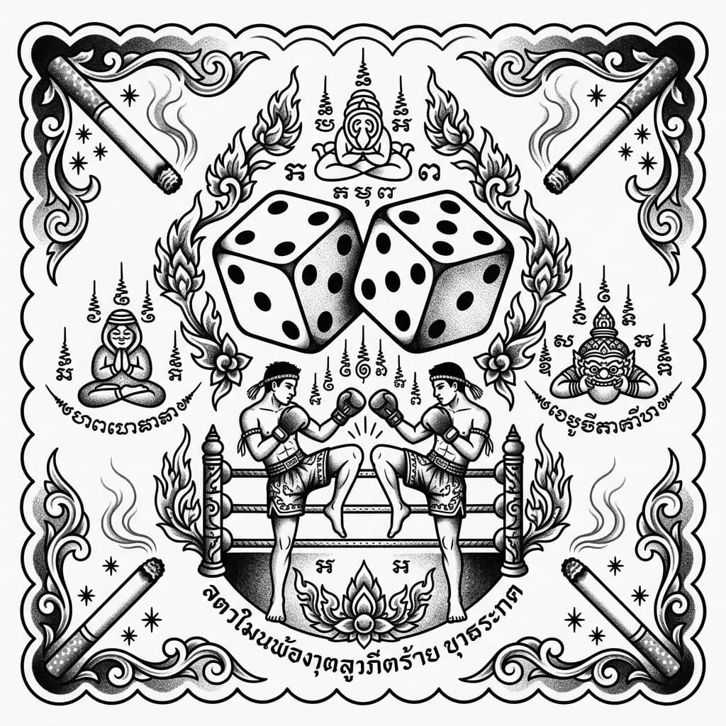 Pair of dice in center surrounded by Thai Muay Thai symbols, traditional boxing gloves, kicked legs, cigarettes in corners, black and white monochrome tattoo design, symmetrical composition, detailed linework, decorative elements, tattoo flash sheet illustration, white background, high contrast, clean lines