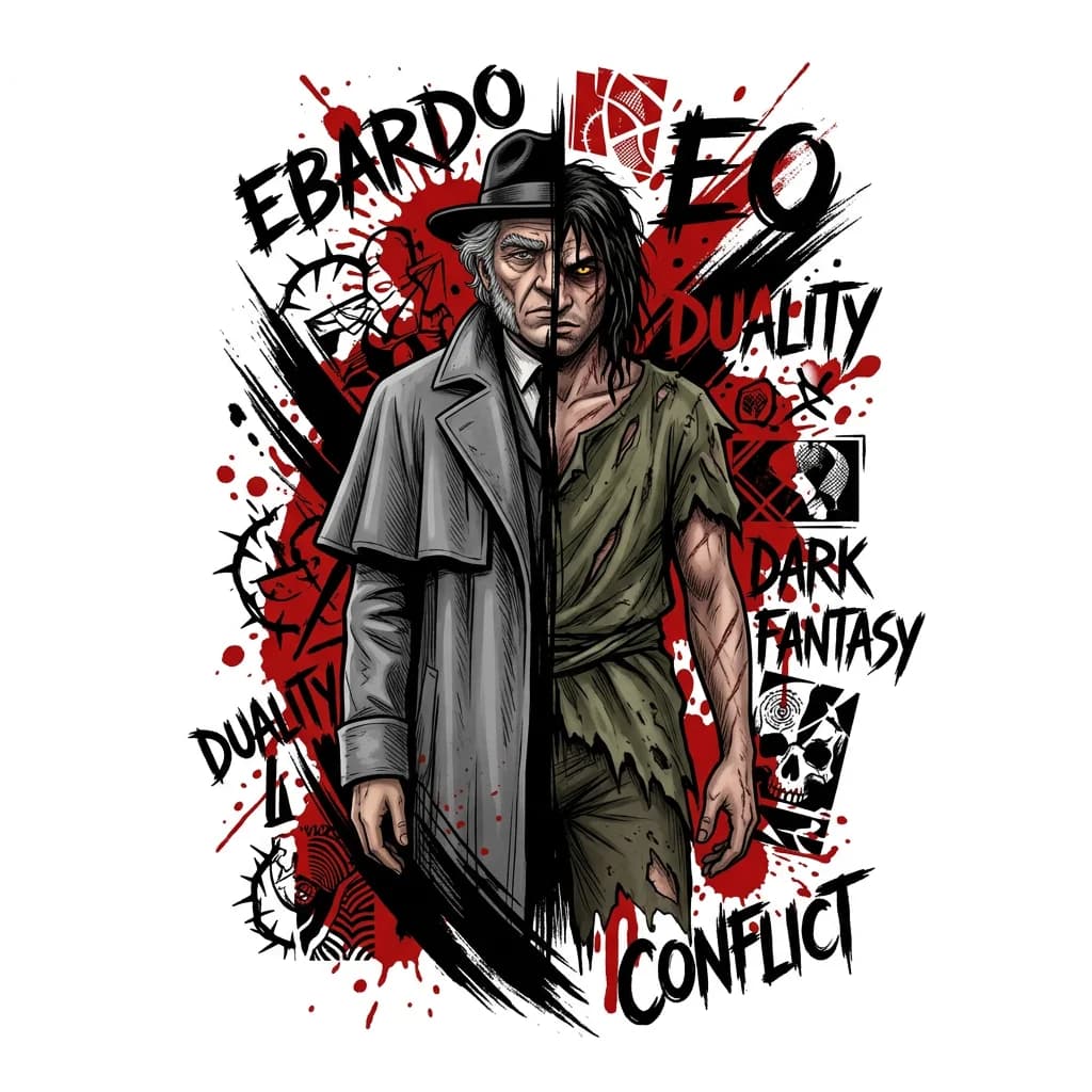 Tattoo design concept, character Ebardo (Eo) from animated series, dark fantasy style, full body composition, centered around a powerful conflicted figure.
The character is a pale-skinned man with two-faced duality: left side shows an older elegant man with gray hair, thick gray eyebrows, wearing a gray long cloak with lapels and a black fedora hat Right side shows a younger tortured version with dark matted hair, torn swamp-colored rags, bruises and scars on exposed skin, yellow glowing sclera