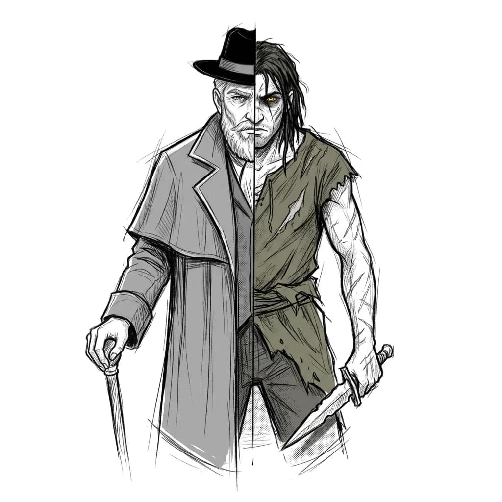 Tattoo design concept, character Ebardo (Eo) from animated series, dark fantasy style, full body composition, centered around a powerful conflicted figure.
The character is a pale-skinned man with two-faced duality: left side shows an older elegant man with gray hair, thick gray eyebrows, wearing a gray long cloak with lapels and a black fedora hat Right side shows a younger tortured version with dark matted hair, torn swamp-colored rags, bruises and scars on exposed skin, yellow glowing sclera
