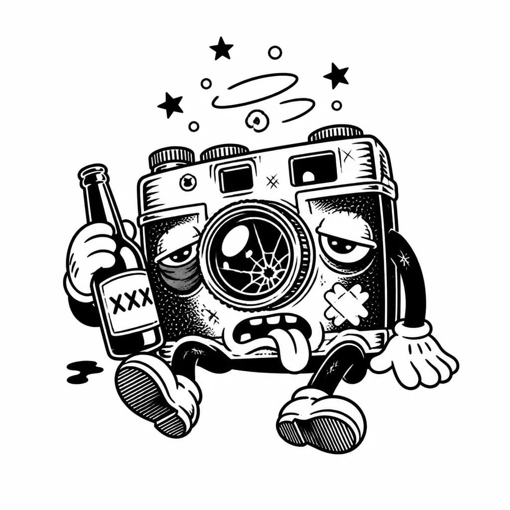 Пьяный побитый фотоаппарат с бутылкой пива