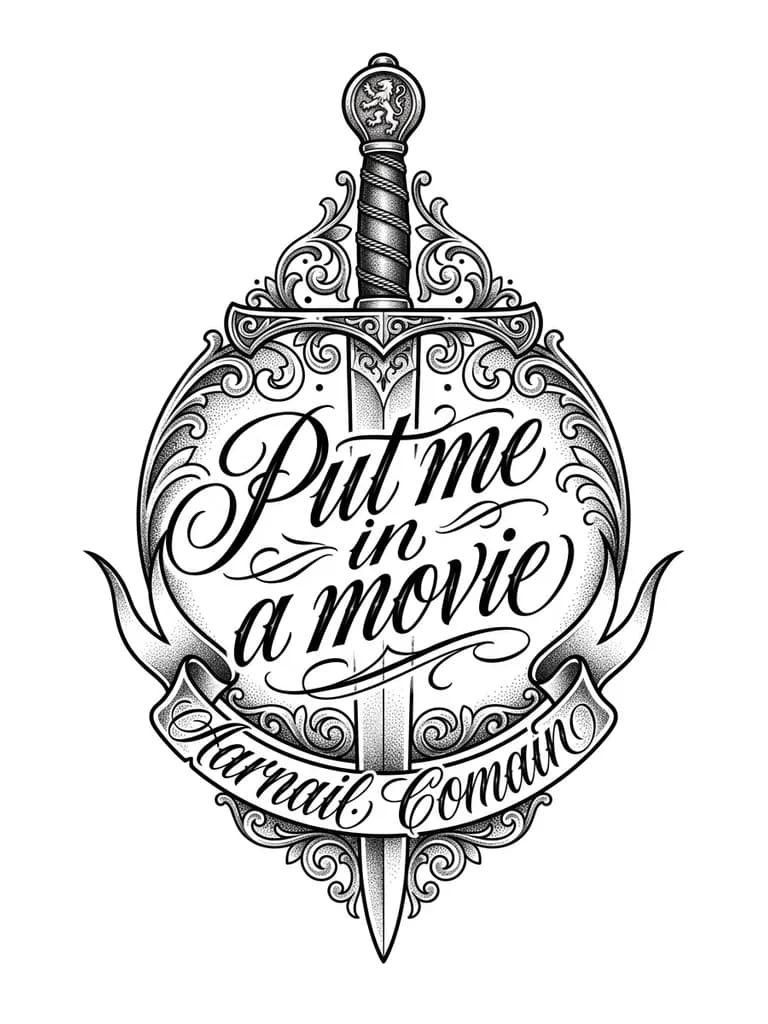 Тату меч с надписью (вместо лезвия) курсивом красивым put me in a movie