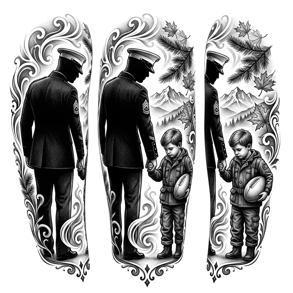 Military officer in formal uniform silhouette holding son's hand, rugby ball in child's hand, family bonding theme, black and white, monochrome ink, silhouette style with fine details, emotional composition, tattoo flash sheet illustration, white background, high contrast, clean lines
