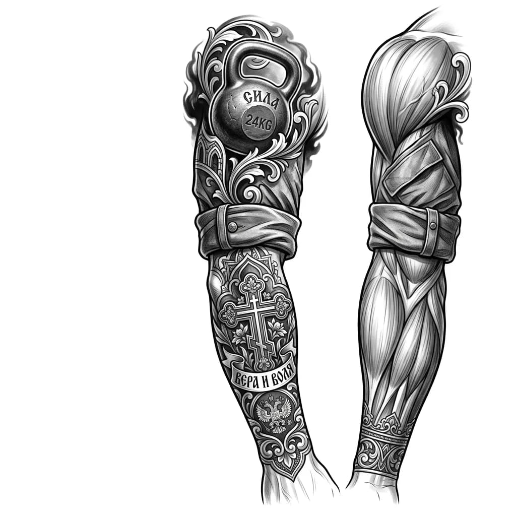 Muscular arm emerging from military uniform sleeve, Orthodox cross tattoo on forearm, kettlebell on shoulder, strength and faith theme, black and white, monochrome ink, anatomical muscle detail, Russian traditional style elements, tattoo flash sheet illustration, white background, high contrast, clean lines