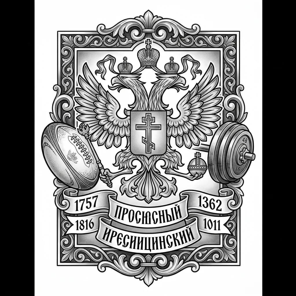 Russian Imperial coat of arms with Orthodox cross through center shield, rugby ball and barbell weights on sides, ornamental border with Cyrillic text and dates, black and white, monochrome ink, ornate heraldic style, symmetrical design, detailed line work, tattoo flash sheet illustration, white background, high contrast, clean lines