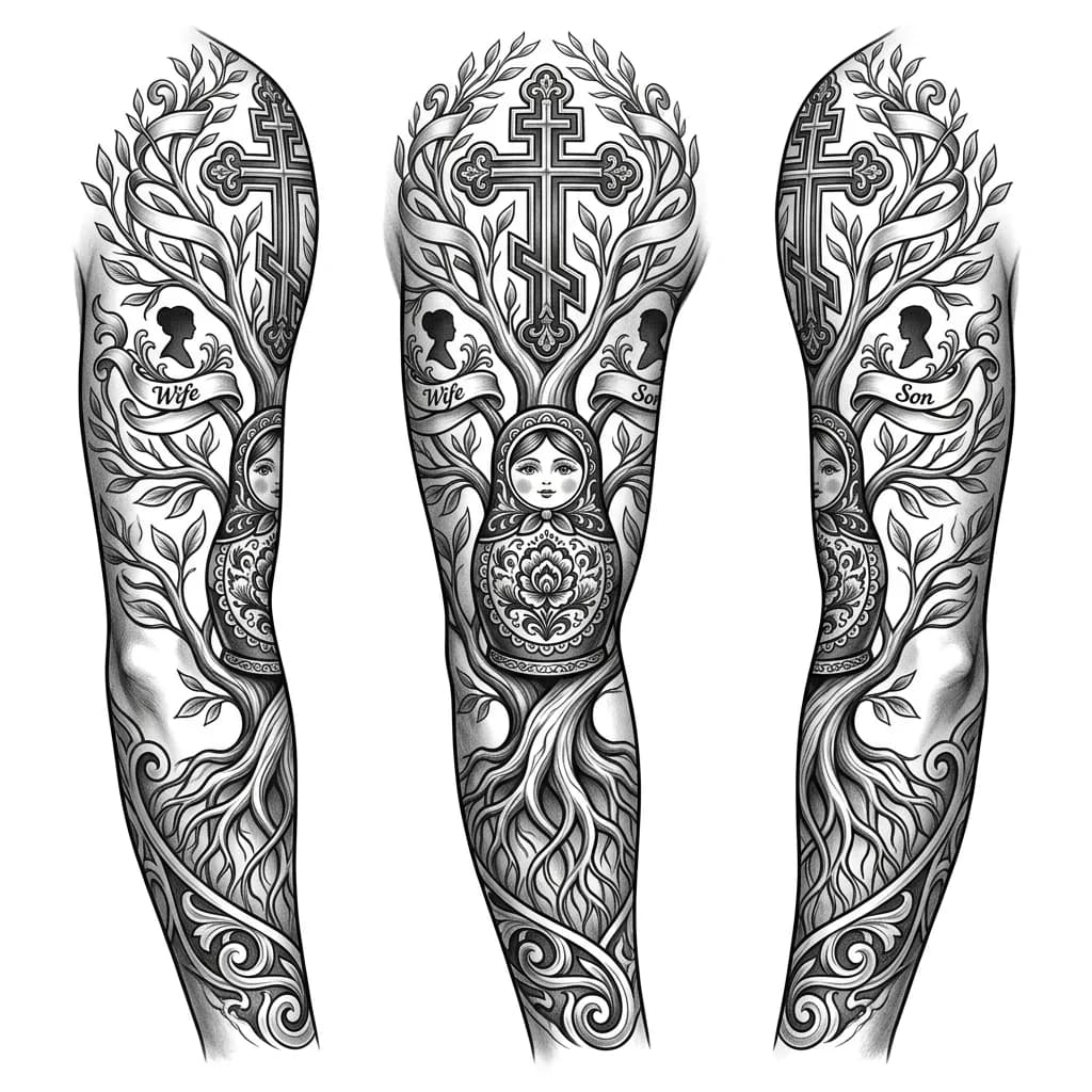 Genealogical family tree with Orthodox cross at the top, Russian matryoshka doll, and silhouettes of a wife and son integrated into the branches, black and white monochrome ink, intricate detailed line work, spiritual and family symbolism, traditional Russian folk elements, roots and branches flowing downward, tattoo flash sheet illustration, white background, high contrast, clean lines