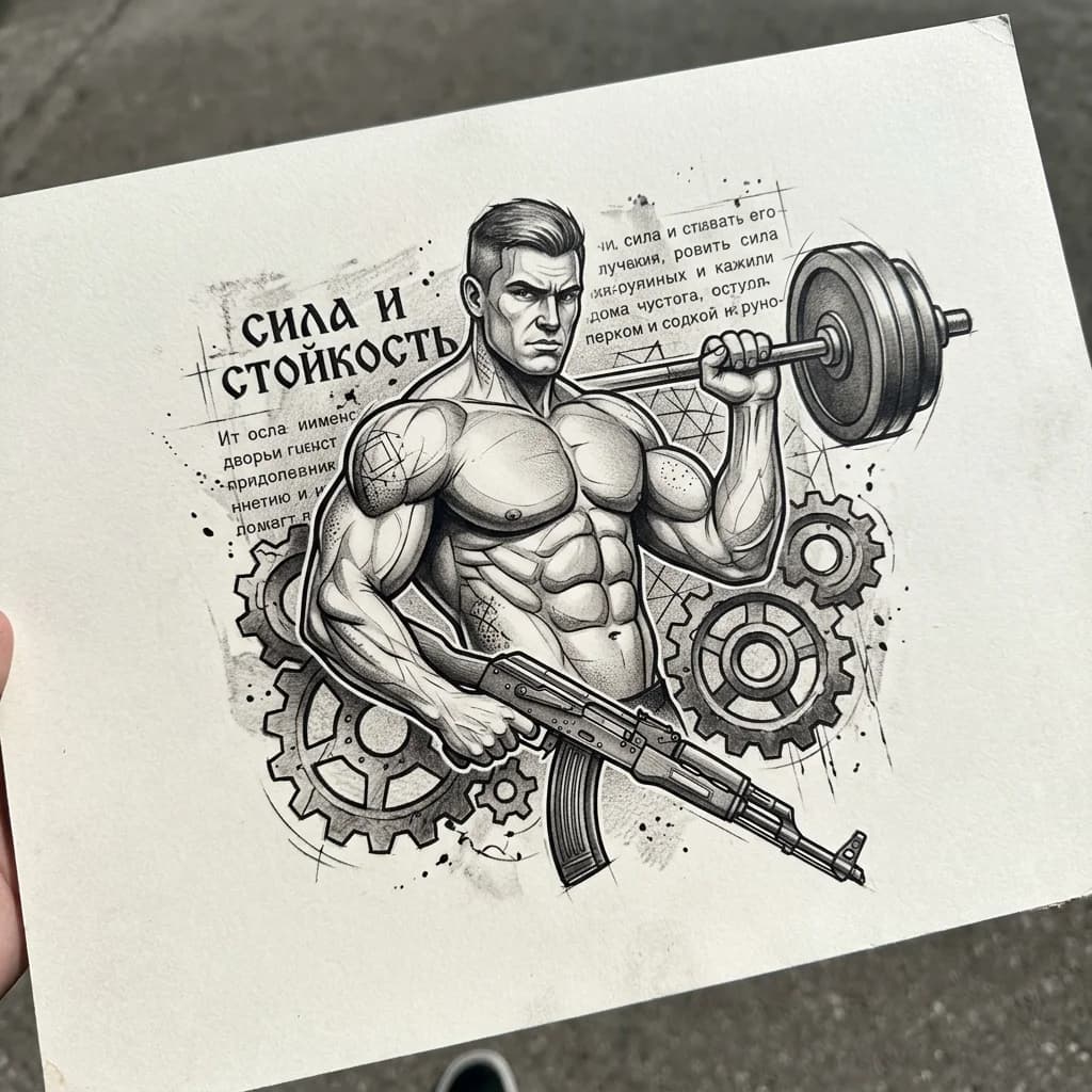 Powerful silhouette of a strong man lifting a barbell with one hand while holding a Kalashnikov rifle in the other, black and white monochrome style, dramatic contrast, muscular dynamic pose, Russian strength and resilience symbolism, bold geometric shapes, tattoo flash sheet illustration, white background, high contrast, clean lines