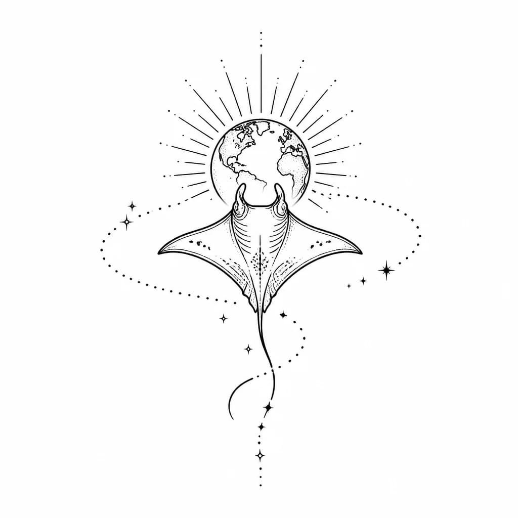 Тату эскиз: Стиль: ЧБ минимализм, тонкие линии (Linework / Fine line). Земля — аккуратный небольшой круг (или полусфера от сгиба кисти), скат — лаконичный, без сильной детализации, но с узнаваемым силуэтом манты. Композиция должна быть компактной, чтобы рисунок не деформировался при движении кисти. Земля и скат центрированы, а хвост ската или тонкая пунктирная линия космоса аккуратно обвивают запястье, уходя на внешнюю сторону в виде незамкнутого браслета.