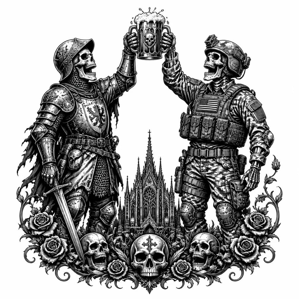 Тату эскиз: Создай эскиз для тату в стиле dark
С двумя безумно смеющимися скелетами на против друг друга тянущиеся к кружке полной пива над их головами один одет в рыцарскую броню с мечом а второй одет в современное военное снаряжение и бронежилет