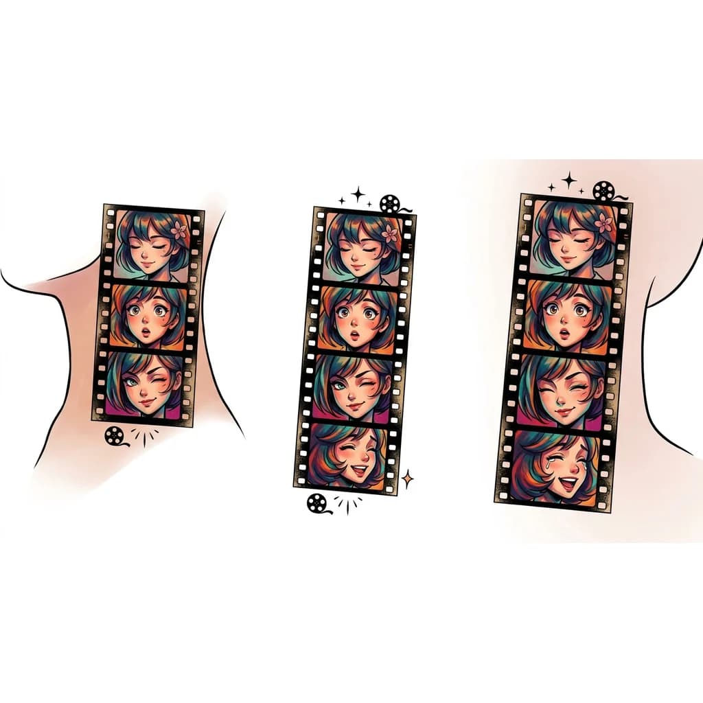 Тату эскиз: A girl's face split into film strip frames like old cinema, each frame showing slightly different expressions and details, anime-inspired features, black and white line art, vintage film aesthetic mixed with modern manga style, dramatic shading, tattoo flash sheet illustration, white background, high contrast, clean lines