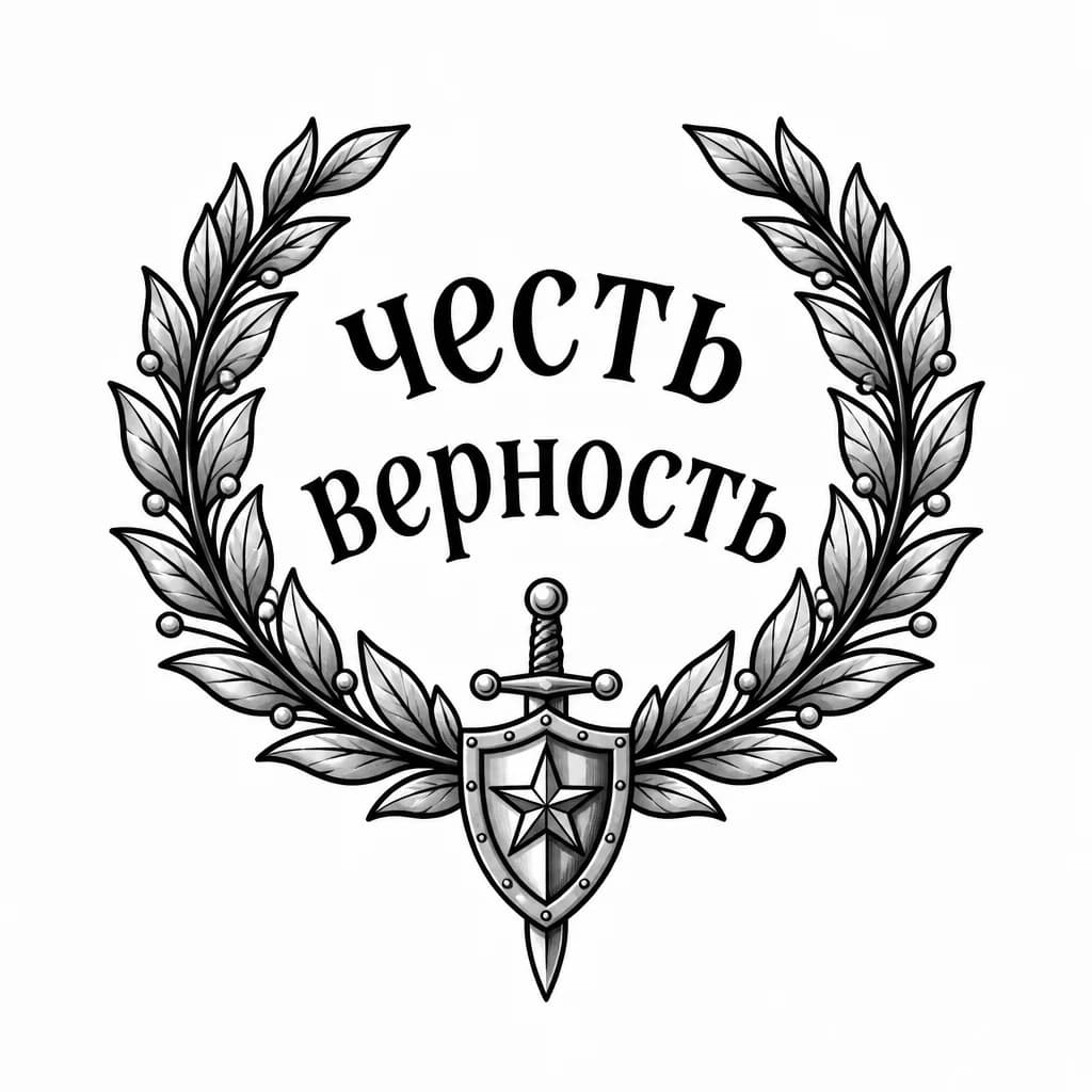 Тату эскиз: Композиция: слова «честь» и «верность» вписаны в полукруг из лавровой ветви. Ветвь начинается слева, огибает надпись и уходит вправо.
Шрифт: антиква с засечками, немного стилизованная под рукописную каллиграфию.
Детали: в нижней точке полукруга - маленький щит или меч остриём вниз.
Цвета: чёрный контур, лёгкая серая растушёвка для объема листьев.
Смысл: отсылка к воинской чести, традициям, наградам.