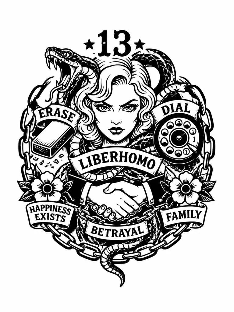 Тату эскиз: Цифра 13, змея, стереть, циферблат, liberhomo, лицо блондинки со злыми глазами, цепь, предательство, счастье есть, семья