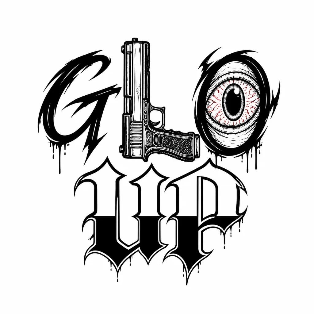 Тату эскиз: тату на предплечьи ,надпись "GLO UP",в стиле графити ,буква "0" должна быть в виде глаза,где видно красные линии ,как буд то человек не выспался,буква "L" должна быть сделанна в виде пистолета glok-18,а надпись 'UP' должжна быть выполнена в полузаливке