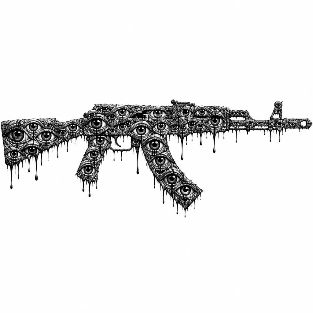 Тату эскиз: An automatic rifle weapon composed entirely of hundreds of small crying eyes with black teardrops flowing to create the gun's silhouette, monochrome black and white, intricate details, surreal composition, symbolic and emotionally powerful imagery, tattoo flash sheet illustration, white background, high contrast, clean lines