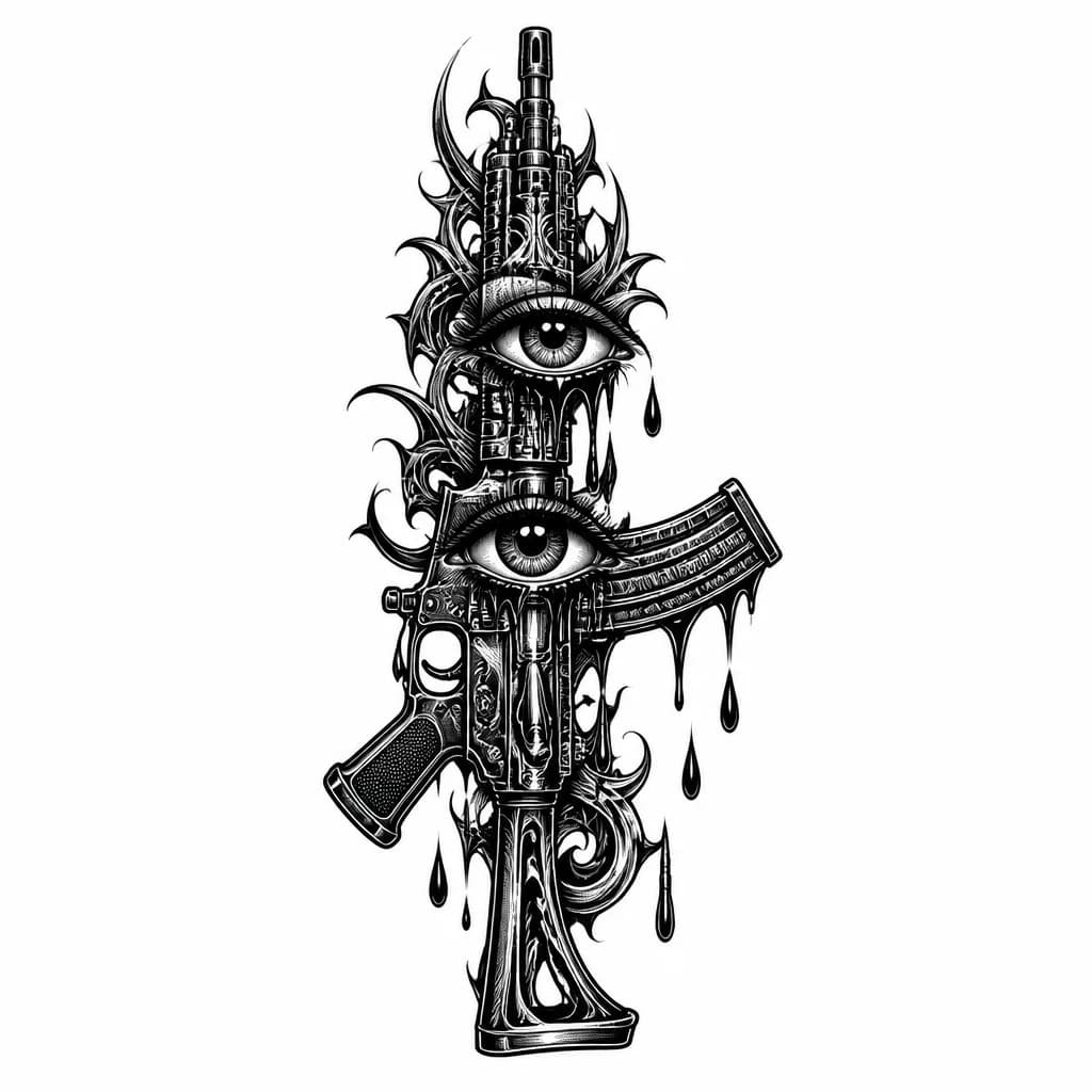 Тату эскиз: A stylized automatic rifle with oversized crying eyes integrated into its design, black tears dripping like bullets from the weapon, monochrome black and white ink illustration, high contrast, clean detailed lines, artistic representation of sorrow and warfare, tattoo flash sheet illustration, white background, high contrast, clean lines