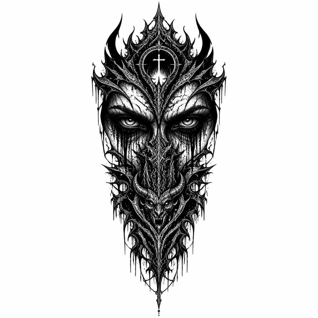 Тату эскиз: Demonic eyes with red crying tears surrounded by heavy black ink blackout shading that fades into darkness, monochrome style, intense stare, high contrast between the eyes and the dark background, gothic horror aesthetic, detailed demon features, tattoo flash sheet illustration, white background, high contrast, clean lines