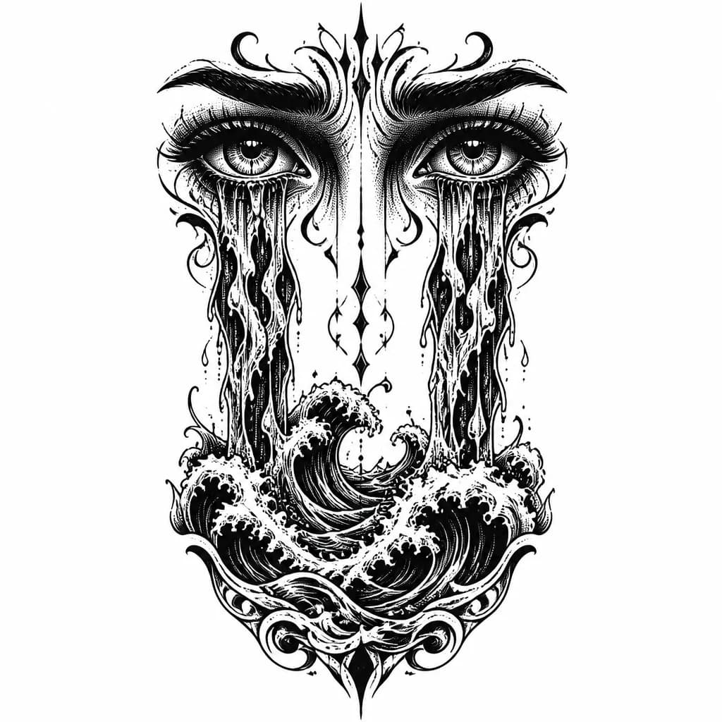Тату эскиз: Two large crying eyes with thick tears flowing downward, tears transforming into ocean waves at the bottom, blackwork style with heavy black fill and intricate line work, monochrome ink, dramatic emotional expression, high contrast, surreal transformation of tears to water, tattoo flash sheet illustration, white background, high contrast, clean lines