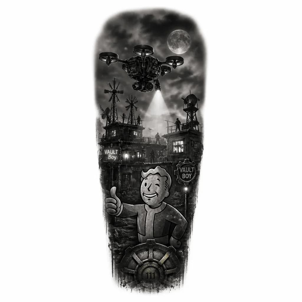 Тату эскиз: Drone UAV flying over dark Vault Boy Fallout settlement, black silhouettes against nighttime sky, monochrome tattoo design, surveillance theme blending post-apocalyptic world, high contrast dramatic lighting, clean technical lines, minimalist style, tattoo flash sheet illustration, white background, high contrast, clean lines
