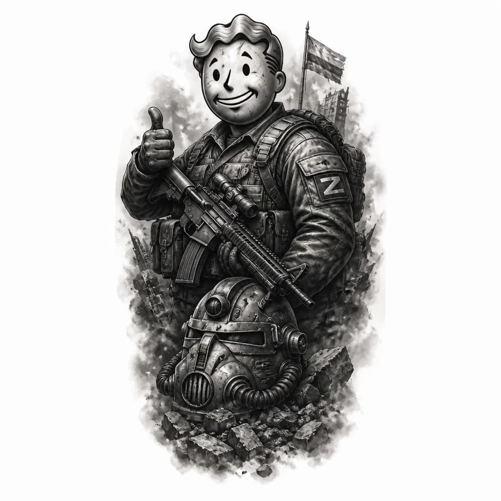 Тату эскиз: Vault Boy Fallout character in black and white, holding assault rifle, wearing Russian military chevron patch on arm, monochrome ink style, post-apocalyptic aesthetic, clean line work, high contrast, tactical military theme, tattoo flash sheet illustration, white background, high contrast, clean lines