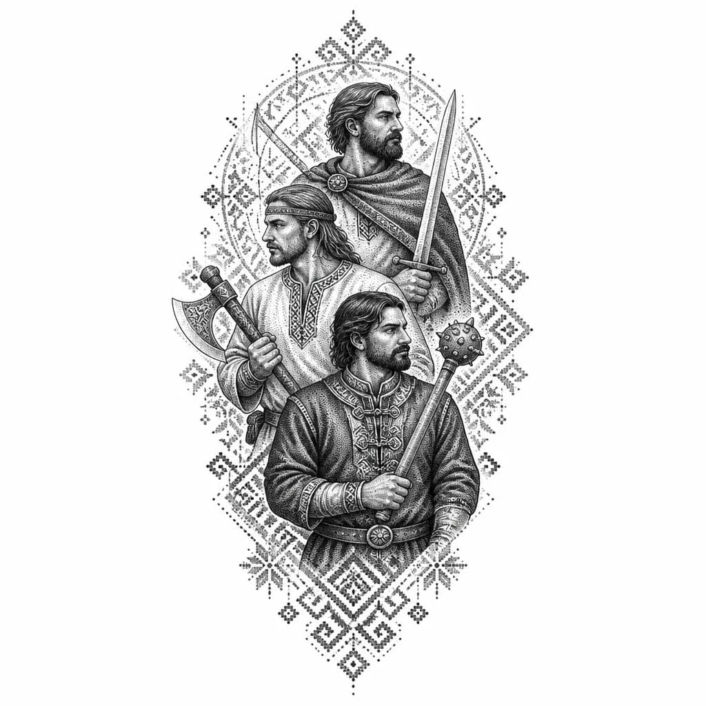 Тату эскиз: Три воина, три брата, не похожих друг на друга, европейско-русские лица. Смотрят в разные стороны. Одеты в разные одежды, в том числе старорусскую одежду. У каждого разное оружие - меч, топор, булава. Вокруг проглядывается чувашские орнаменты