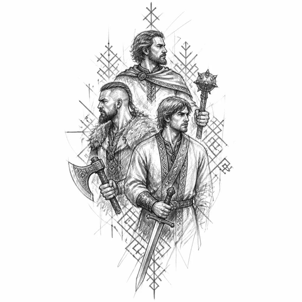 Тату эскиз: Три воина, три брата, не похожих друг на друга, европейско-русские лица. Смотрят в разные стороны. Одеты в разные одежды, в том числе старорусскую одежду. У каждого разное оружие - меч, топор, булава. Вокруг проглядывается чувашские орнаменты