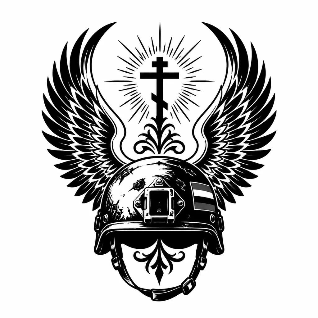 Тату эскиз: Angel wings emerging from a Russian military helmet, with small Orthodox cross at the top center, black and white ink, spiritual military theme, symmetrical design, detailed feather work on wings, strong contrast, monochrome style, tattoo flash sheet illustration, white background, high contrast, clean lines