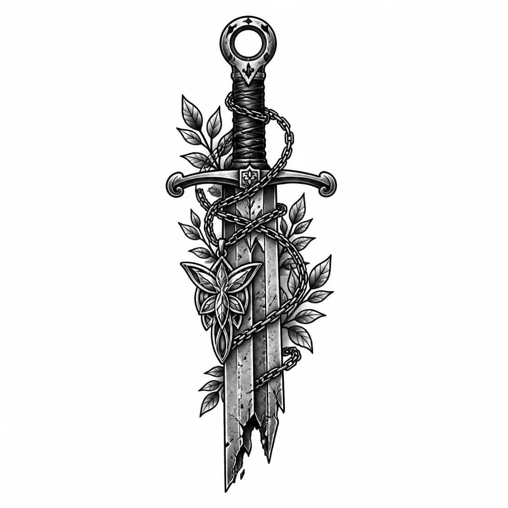 Тату эскиз: Lord of the Rings tattoo flash design. Vertical composition for a inner arm sleeve, clean white background. Centered around the authentic movie replica of the broken sword Narsil. The hilt must have a distinctive open ring pommel and a curved crossguard exactly like in the Peter Jackson film trilogy. The shattered steel blade is detailed with battle-scorned metal textures, cracks, and notches, ending in a jagged break. Wrapped around the hilt is a fine chain, and a highly detailed Arwen's Evenst