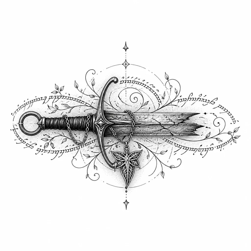 Тату эскиз: Lord of the Rings tattoo flash design. Vertical composition for a inner arm sleeve, clean white background. Centered around the authentic movie replica of the broken sword Narsil. The hilt must have a distinctive open ring pommel and a curved crossguard exactly like in the Peter Jackson film trilogy. The shattered steel blade is detailed with battle-scorned metal textures, cracks, and notches, ending in a jagged break. Wrapped around the hilt is a fine chain, and a highly detailed Arwen's Evenst