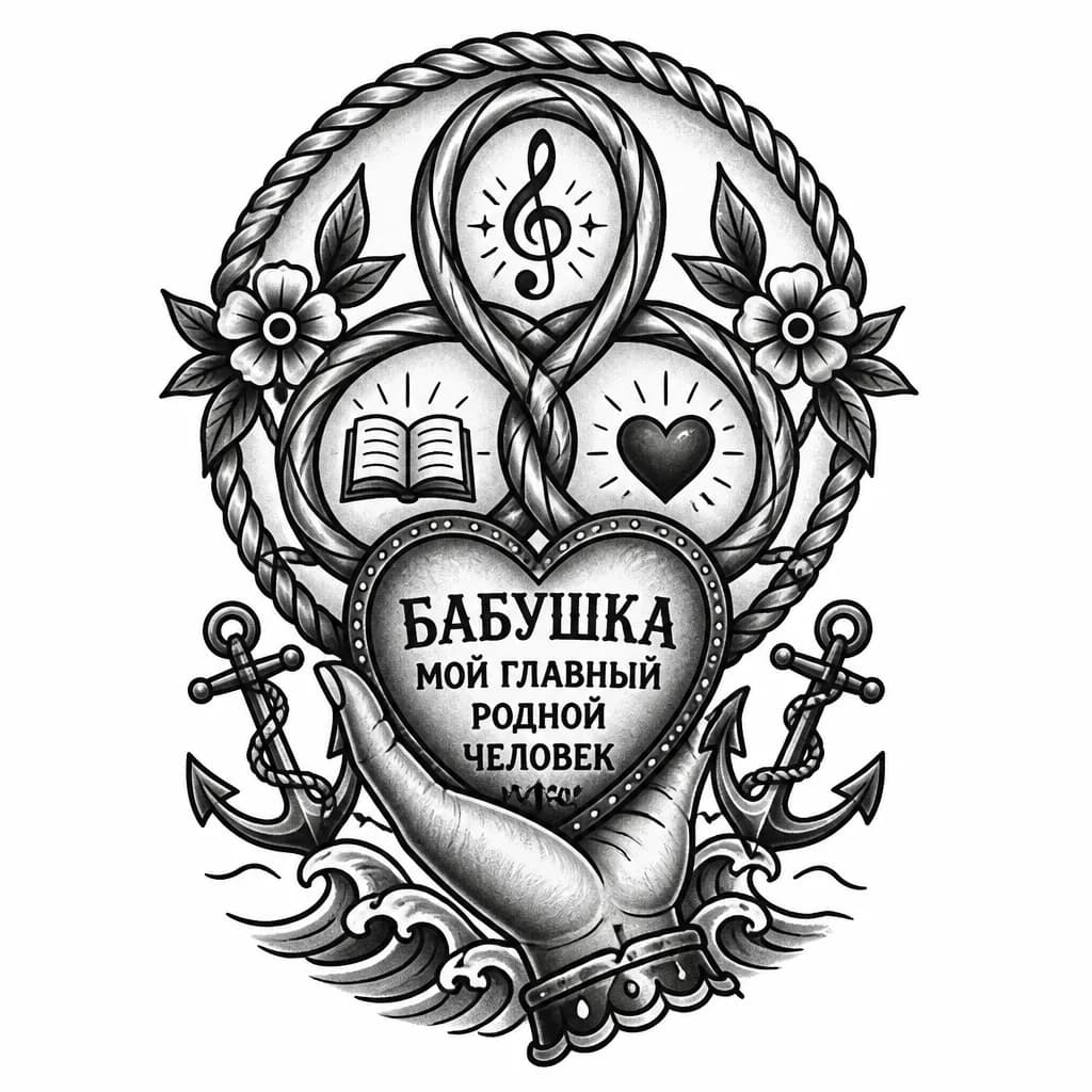 Тату эскиз: Основные элементы:
Центральный символ: Круг или сердце, символизирующее теплые семейные и дружеские связи.
Внутри или вокруг символа: Три intertwined линий или узора, стилизованные под переплетённые нити или ветви, которые отражают трёх верных друзей. В них скрыты мелкие символы (например, музыкальный ключ, книга, сердце), символизирующие каждого друга.
Внизу или в центре: Сердце или рука, держащая сердце, с надписью или внутри — «Бабушка — мой главный родной человек» или просто имя бабушки в кр