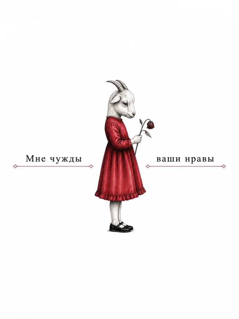 Тату эскиз: Сгенерируй картинку эскиза татуировки с надписью мне чужды ваши нравы на русском. Само изображение представляет собой девочку с головой белой козочки в профиль в красном платье в полный рост. В руке она держит увядающий цветок и смотрит на неё
Стиль минимализм
Надпись четкая м понятная
Цвета красный белый и чёрный
Расположение на тыльной стороне предплечья