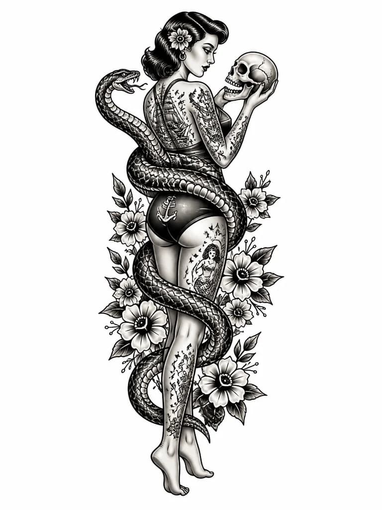 Тату эскиз: девушка в татуировках в бикини (pin-up girl) в полный рост (видны ступни), стоит в пол оборота, спиной назад, грудью вперёд, держит в руках череп (с нижней челюстью), смотрит на него, девушку обвивает змея снизу вверх, змея смотрит на девушку и шипит, девушка стоит в окружении цветов.
