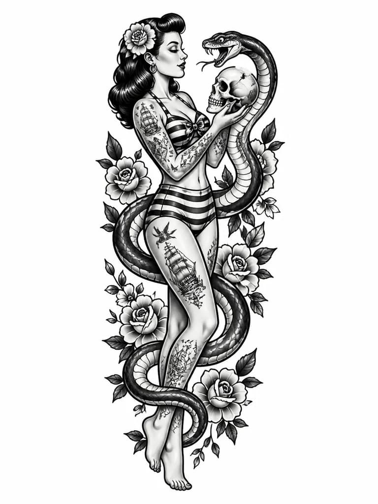 Тату эскиз: мультяшная девушка в татуировках в бикини (pin-up girl) в полный рост (видны ступни), стоит в пол оборота, грудью вперёд, держит в руках череп (с нижней челюстью), смотрит на него, девушку обвивает змея снизу вверх, змея смотрит на девушку и шипит, девушка стоит в окружении цветов.