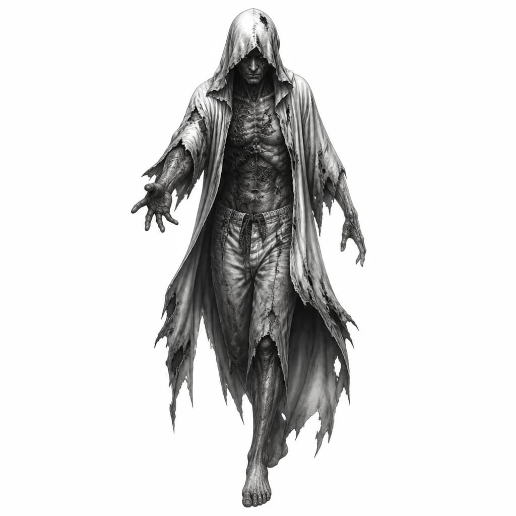 Тату эскиз: эскиз по персонажу Рувик (Рубен Викториано) из игры «the evil within»
Рувик одет в рваную белую мантию, края которой (в том числе рукава) обожжены. Кроме мантии, на нем только светло-серые штаны, которые тоже обожжены и заканчивались на коленях. Все его тело, особенно торс и лицо, покрыто ожогами, из-за которых на нем остались глубокие шрамы. Необожженные участки кожи имеют болезненно-бледный оттенок. на голове обожженный капюшон белого цвета, скрывающий небольшую часть лица