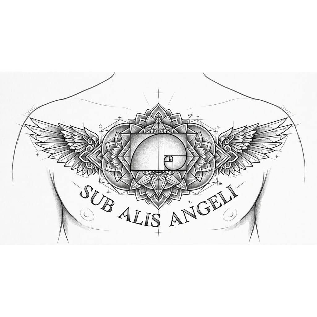 Тату эскиз: Хочу, чтобы было изображено золотое сечение и надпись "Sub alis angeli", тату будет на грудной клетке где-нибудь