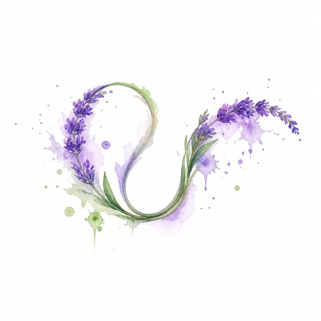 Тату эскиз: A minimalist fine line tattoo design on a white background. A delicate sprig of lavender curved into an elegant S-shape, mimicking the Capricorn zodiac sign. Subtle purple and green watercolor splashes around the flowers. Clean composition, tattoo flash sheet style, high resolution.