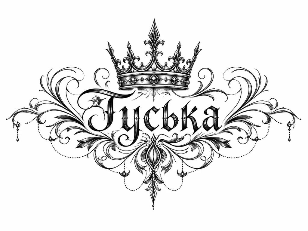 Тату эскиз: Никнейм моего персонажа в игре в которой я играю с 2011 года, хотелось бы в рисунке использовать корону