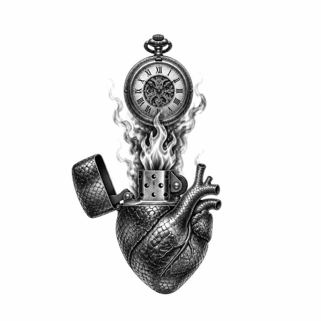 Тату эскиз: Tattoo sketch: an open Zippo lighter, the body of which forms the distinct silhouette of an anatomical human heart with aortas, featuring a pronounced texture that mimics realistic snake scales; an antique pocket watch sits above a vividly rendered, realistic flame.