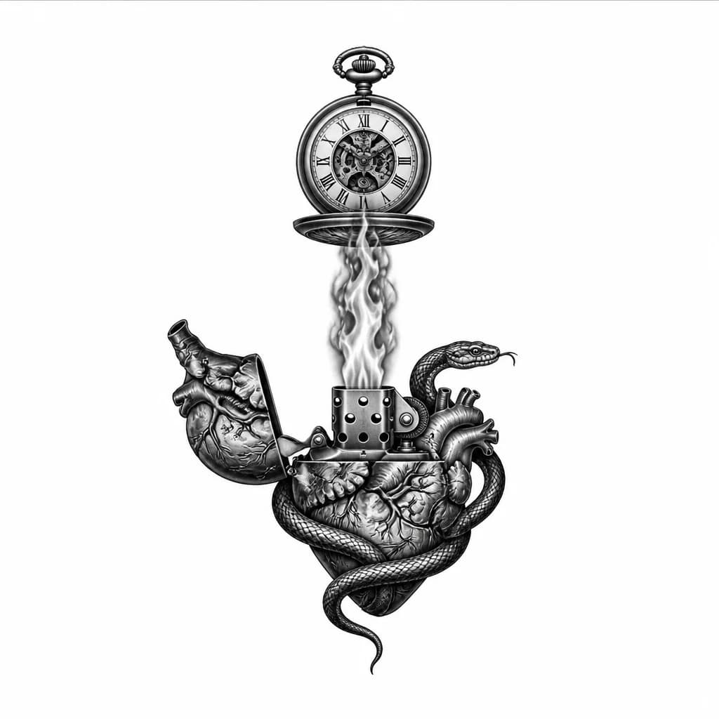 Тату эскиз: Tattoo design: an open Zippo lighter where the casing forms the distinct silhouette of an anatomical human heart—complete with textured aortas—and a snake mimics the heart's shape; an antique pocket watch sits above a vividly rendered, realistic flame.