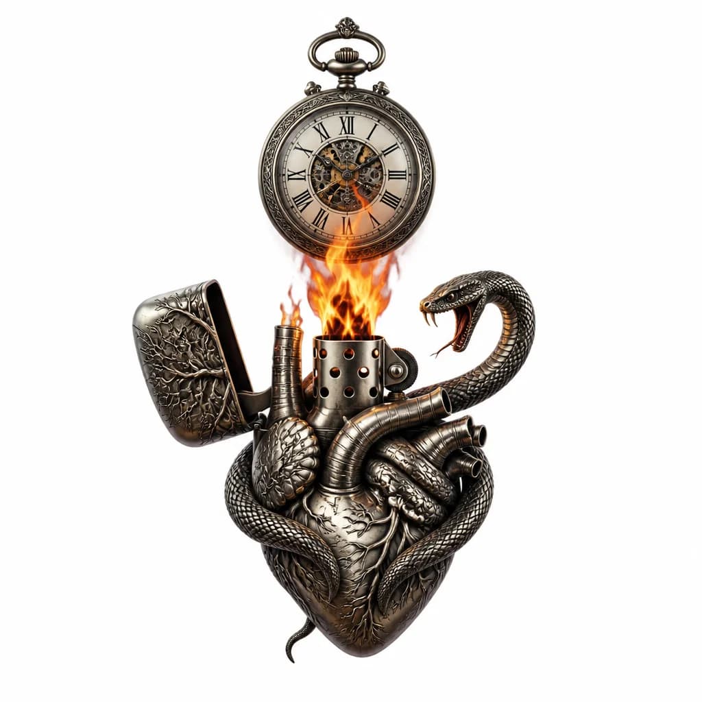Тату эскиз: Tattoo design: an open Zippo lighter where the casing forms the distinct silhouette of an anatomical human heart—complete with textured aortas—and a snake mimics the heart's shape; an antique pocket watch sits above a vividly rendered, realistic flame.