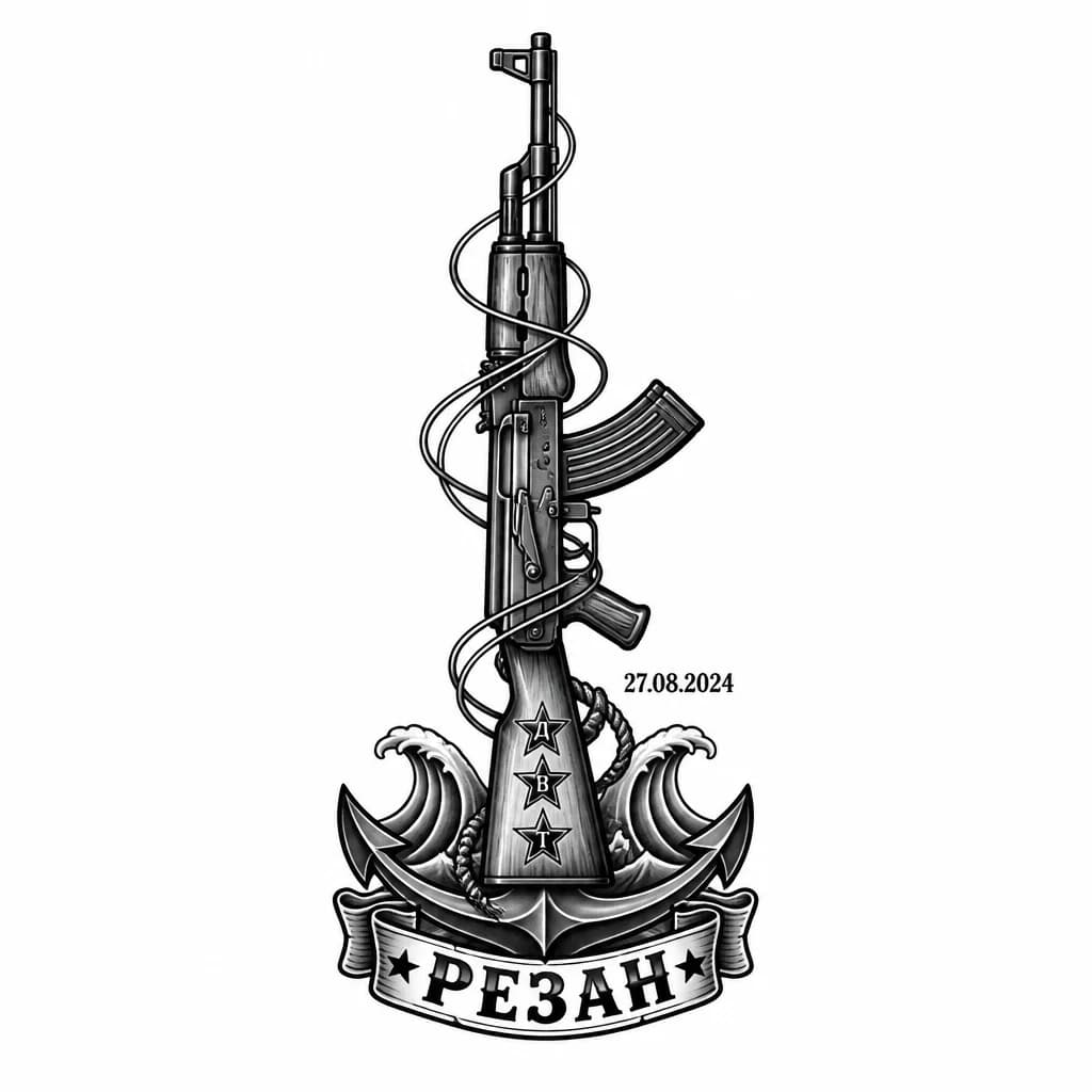 Тату эскиз: Тату в стиле черно-белая графика. Вертикально расположенный автомат Калашникова АК-47. Ствол обвивают три тонкие линии — символ семьи (муж, жена, сын). На прикладе — три звезды с инициалами Д, В, Т. Рядом дата 27.08.2024. Внизу крупная надпись: «РЕЗАН» — чётким, красивым шрифтом с военным акцентом. Без лишних деталей. Строго, женственно через тонкие линии и аккуратность исполнения.