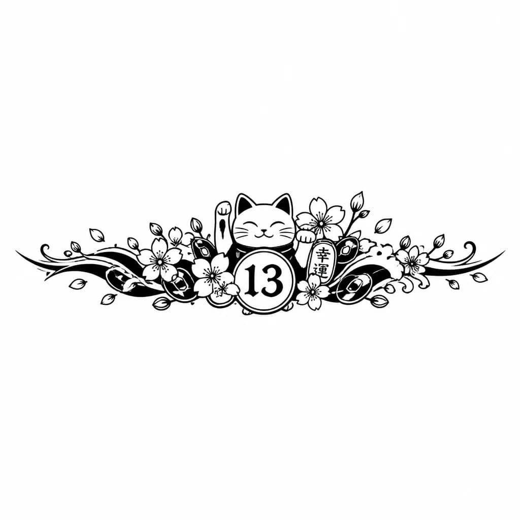 Тату эскиз: Japanese style tattoo design, lucky charm and number 13 integrated into the composition, traditional Japanese elements like lucky cat (maneki-neko), sakura blossoms, koi fish, or lucky coins (koban), minimalist black ink with fine linework, tattoo placement just above the wrist with wrap-around design encircling the wrist, clean white background, no shading, no skin texture, tattoo flash style, high detail, vector-like lines