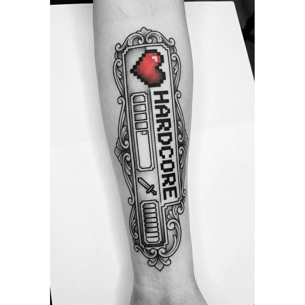 Тату эскиз: Retro 8-bit video game user interface tattoo. A pixelated status bar for a character showing a single red heart icon and the text "HARDCORE" in retro gaming font next to it. Vertical composition for arm, neat lines, graphic tattoo style.