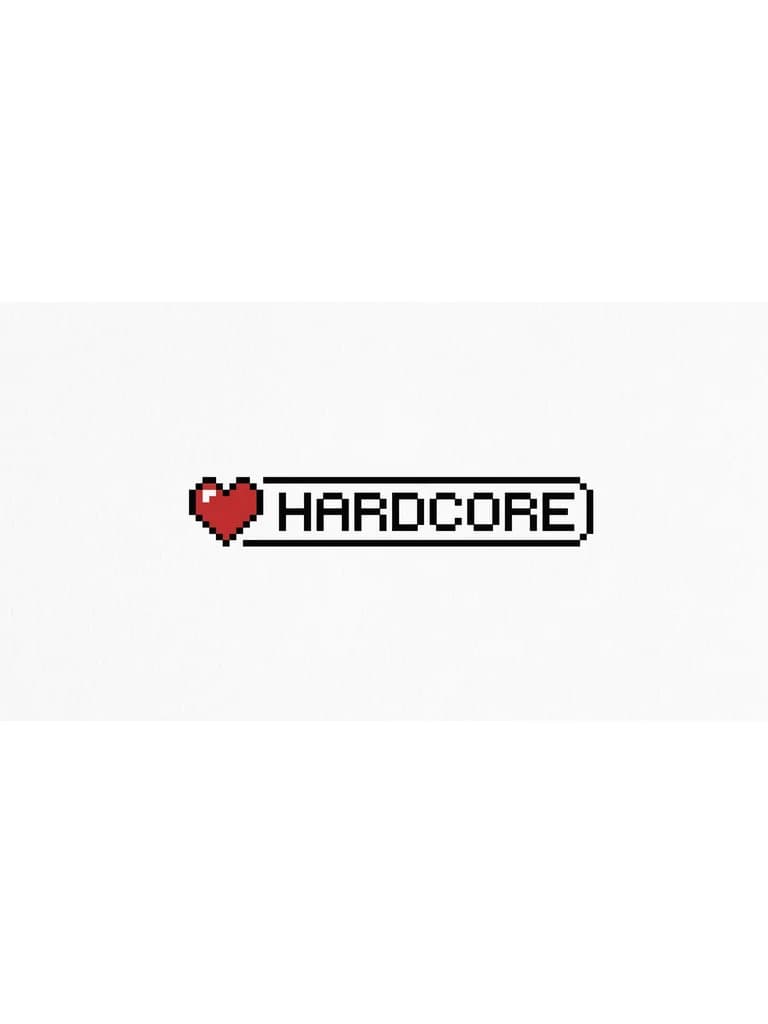 Тату эскиз: Retro 8-bit video game user interface tattoo. A pixelated status bar for a character showing a single red heart icon and the text "HARDCORE" in retro gaming font next to it. Vertical composition for arm, neat lines, graphic tattoo style.